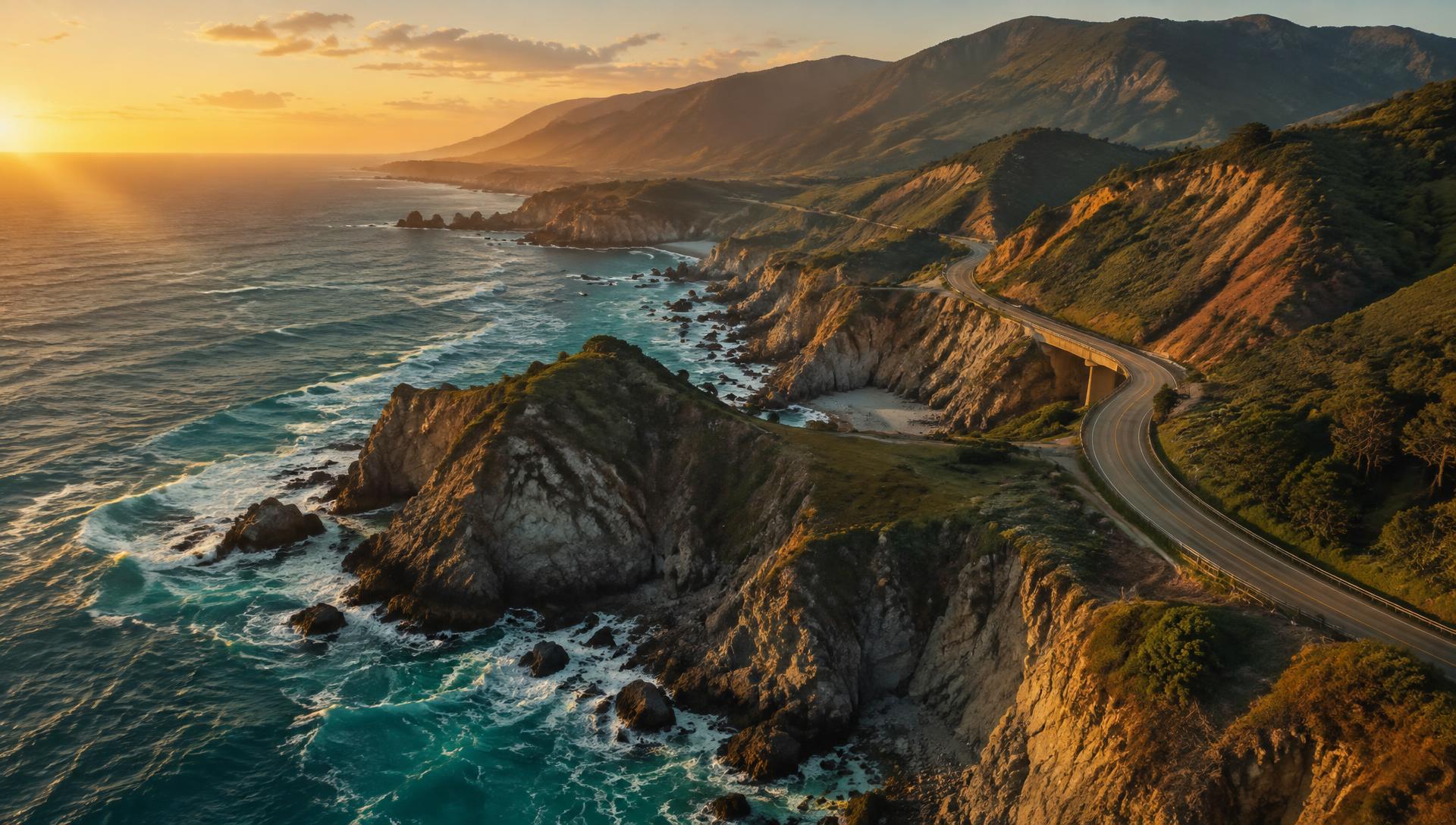 Aerial view of a cliff-lined coastline at golden hour