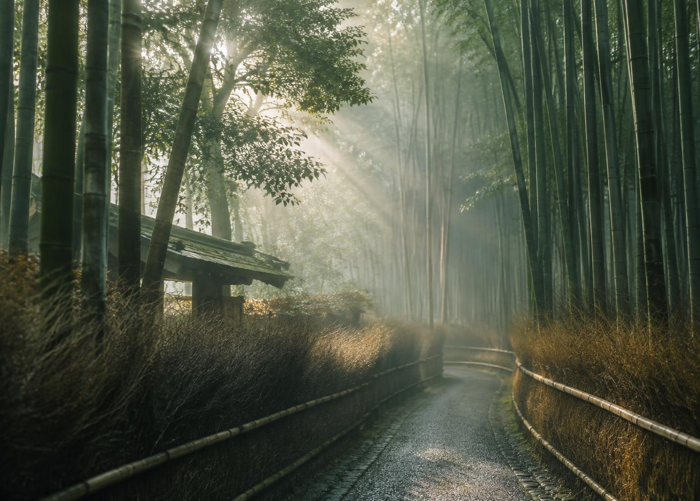 Misty bamboo grove path at dawn in Arashiyama, Kyoto