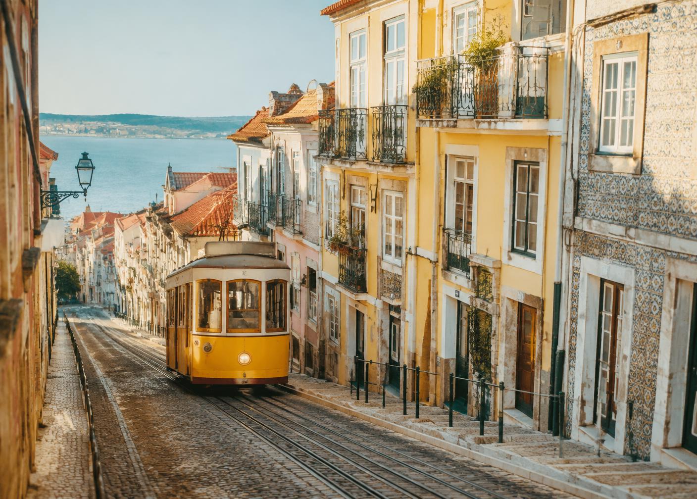 Yellow tram climbing a tiled Lisbon street toward the river