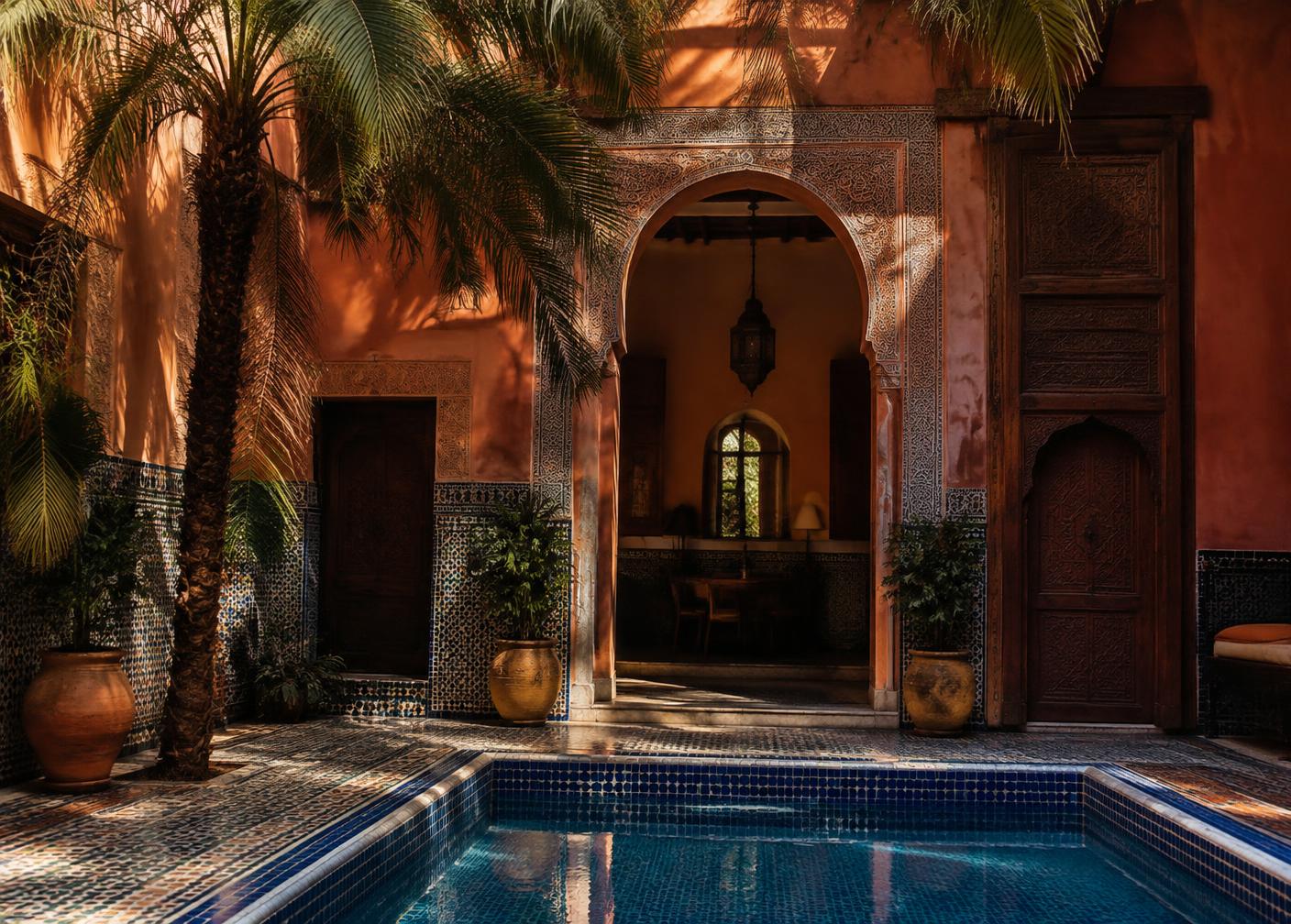 Tiled riad courtyard in Marrakech with palms and a blue mosaic pool