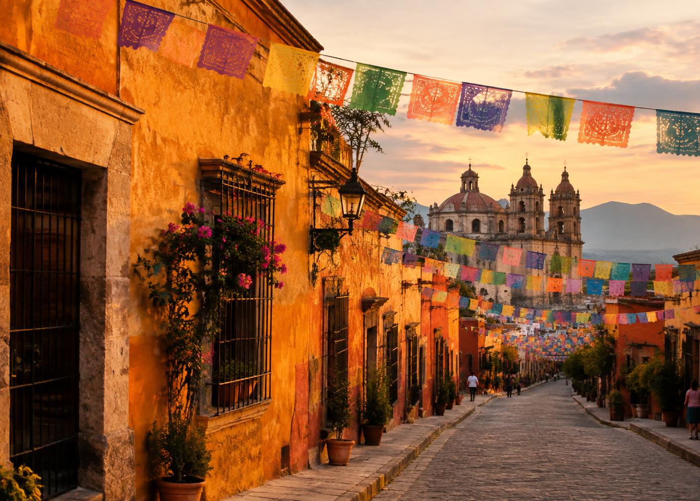 Colourful Oaxacan street with papel picado bunting at sunset