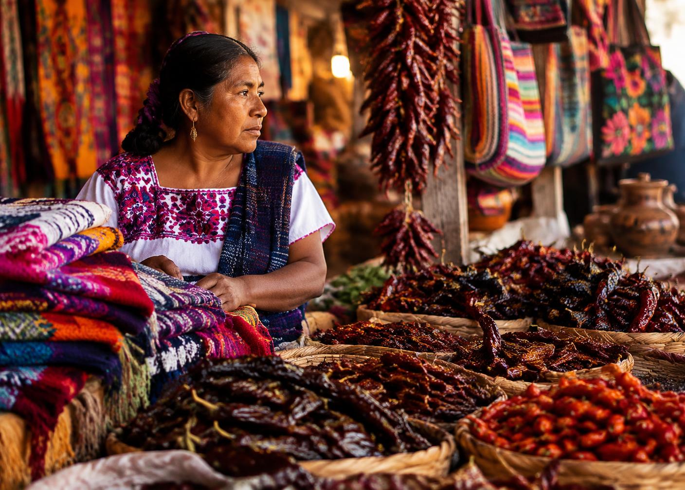 Oaxacan market stall with woven textiles and dried chillies